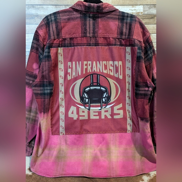 San Francisco 49ers Upcycled Handcrafted Dip Dye Bleach Flannel Shirt - Picture 2 of 15